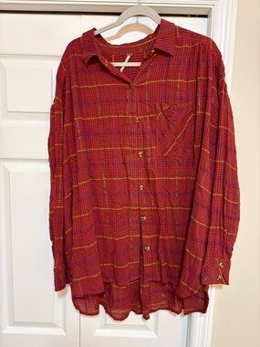 Free People Red Plaid Button-Down Shirt